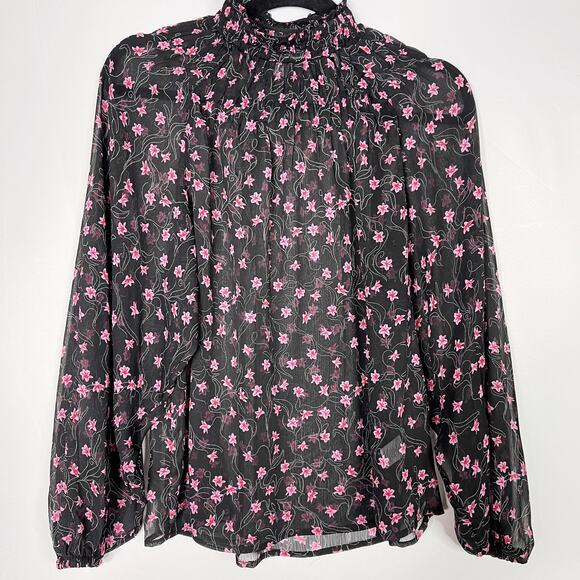 Elizabeth & James Floral Sheer Smocked Top XSmall Black Pink Long Sleeve Blouse - Picture 1 of 12